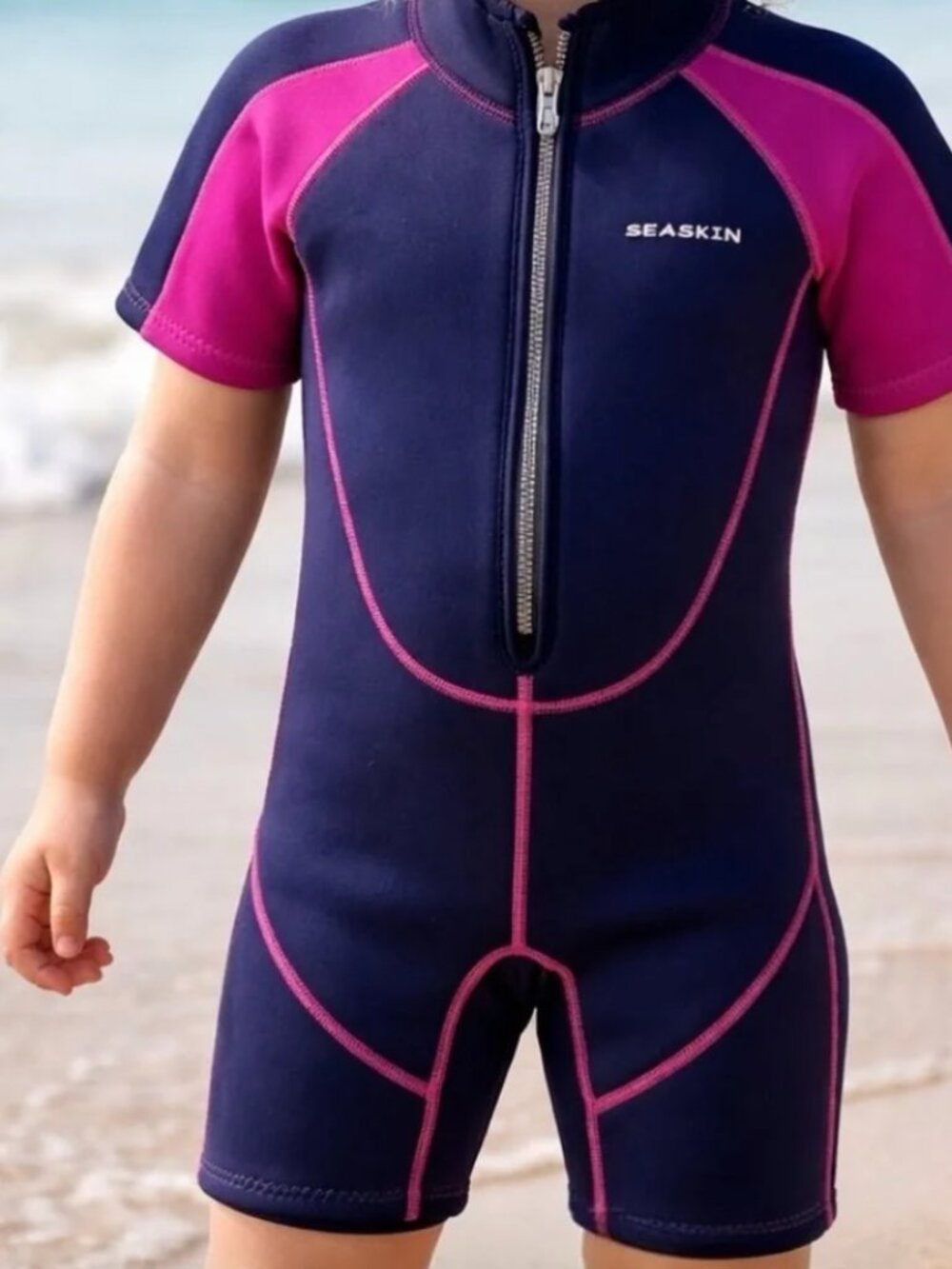 Seaskin Kids Navy and Hot Pink Short Sleeve Rashguard Wetsuit Size 2